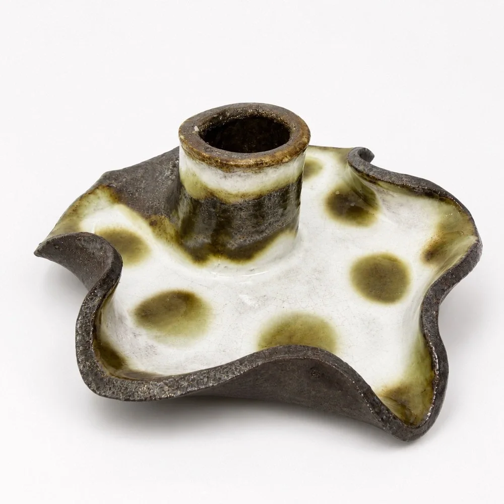 Studio Pottery Signed Chamberstick Candle Holder Polka Dot Brown White Green